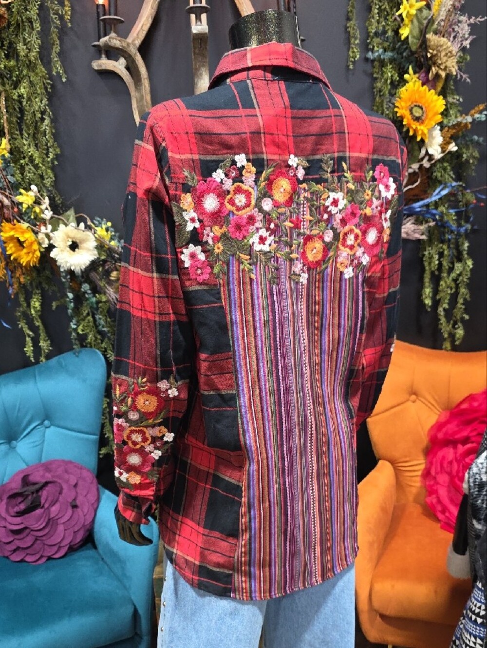Andree  Plaid Button-Up Shirt with Floral Embroidery & Back Detail